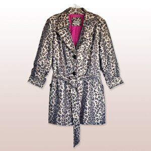 Anthracite Black Tan Leopard Print Belted Trench Coat Fuchsia Lining Size 14